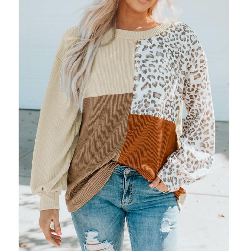 

2025 Контрастный цвет леопардовый принт трикотажная футболка с длинным рукавом женская осень зима плюс размер новый длинный рукав топ женская свободная повседневная одежда 2476 XXL хаки