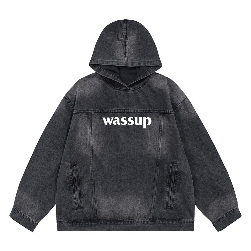 

Wassup American Style Trendy High Street Washed Vintage Denim Letter Hoodie Loose Sweatshirt Jacket Unisex Top Autumn Black L