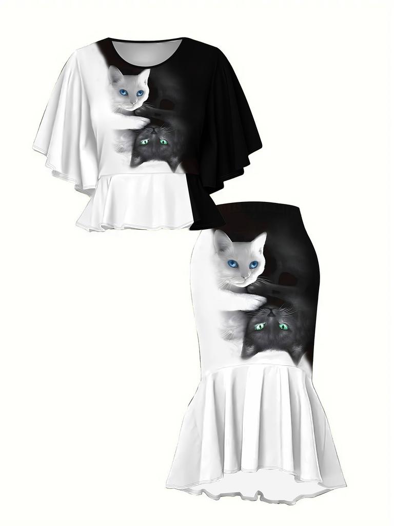 3D tištěný klasický totem dámský potisk, módní nadměrná velikost, elegantní, všestranný pro všechna roční období. Tričko, Sukně a Set, Módní styl