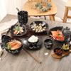 Japanese Black Ceramic Tableware Set: Soup Bowl, Rice Bowl, Sushi Plate, Dish Plate, Spoon, Condiment Dish, Jar, Tea Cup.