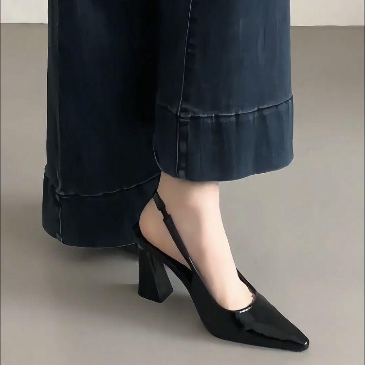 High sense fashion black thick heel bag head sandals femininity high heels back strap pointed tip beautiful fashion shoes