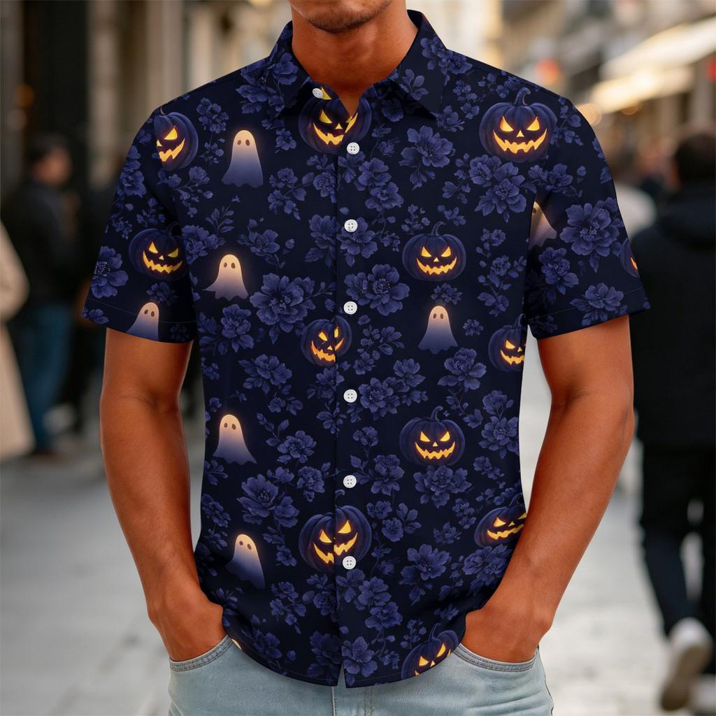 Men's Halloween Print Vintage Button Down Cardigan Shirt - Loose Fit Breathable Summer Casual Streetwear Top