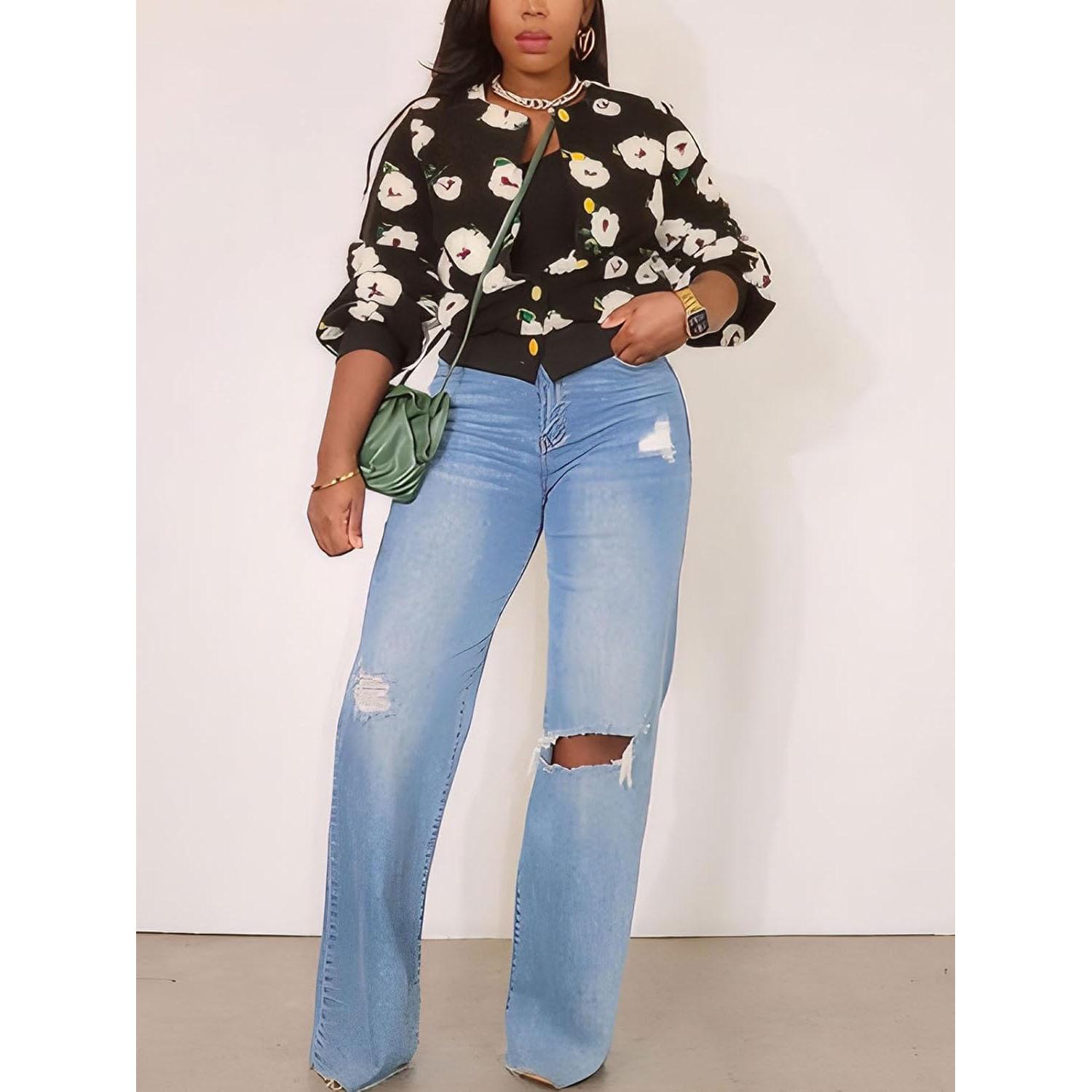 MILU Winter Retro Pluche Wollen Cardigan met Bloemenborduursel, Jas met Lange Mouwen, Cropped Y2K Streetwear, Bont Dames Bomberjack met Bloemenprint XL