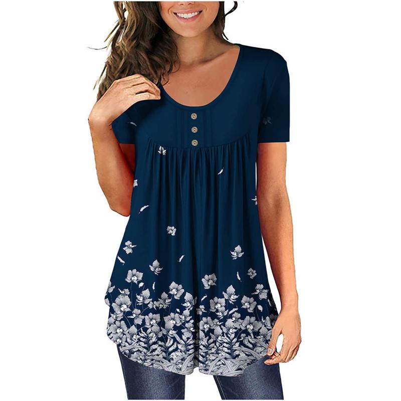 Summer Women's Short Sleeve Floral 3D Printed Buttons T Shirt Ladies Plus Size Top