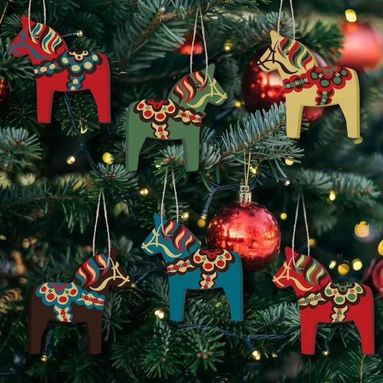 6/12Pcs Christmas Ornament Colorful Horse Design Hanging Decoration with Lanyard Christmas