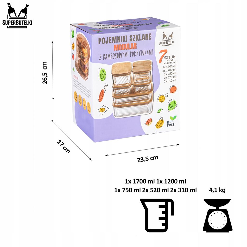 MODULARNE szklane pojemniki (7 szt) - 2x 310 ml + 2x 520 ml + 1x 750 ml + 1x 1200 ml + 1x 1700 ml z bambusowymi pokrywkami