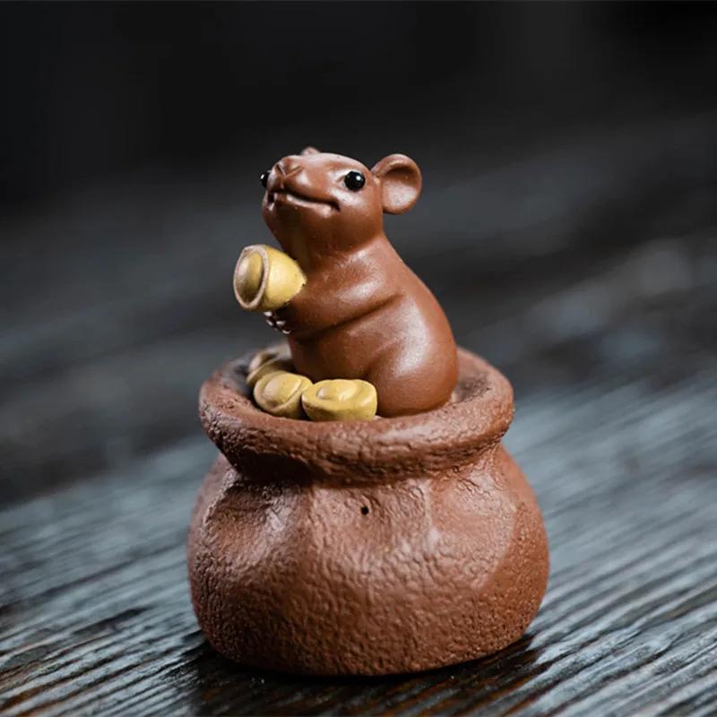 Handmade Yixing Purple Clay Tea Pet Decor Office Desktop Lucky Mouse Ornaments Home Tea Figurine Sculpture Decoration Crafts