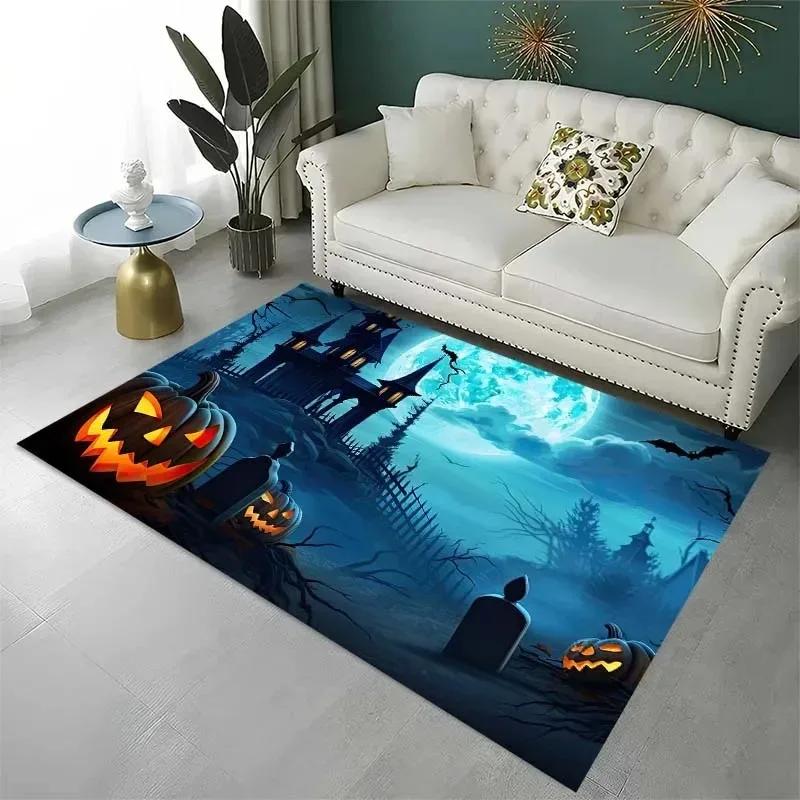Horror Halloween Horror Pumpkin Rug Non-Slip Living Room Floor Mat Creepy Laundry Room Decor with Ghost Print Home Sofa Mat