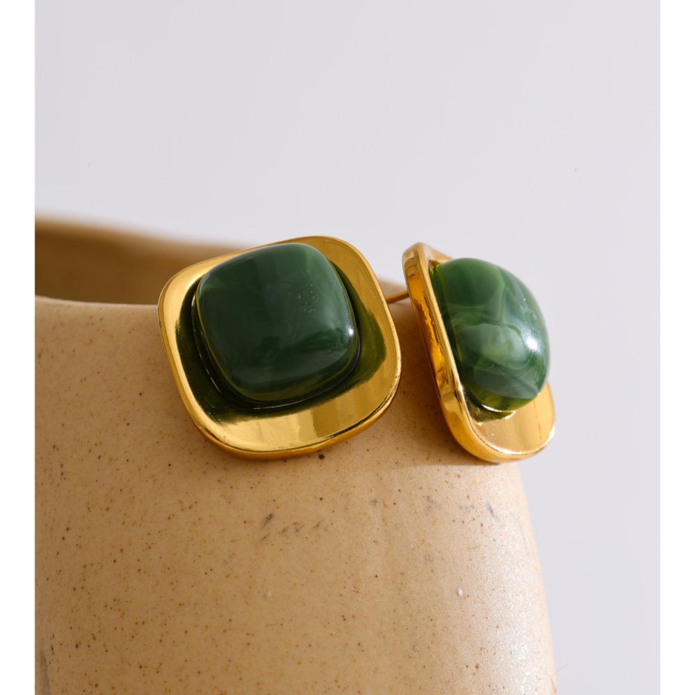 Yhpup White Green Resin Square Stud Earrings 18K Golden PVD Plated Stainless Steel Daily Wear Trending Jewelry Wholesale