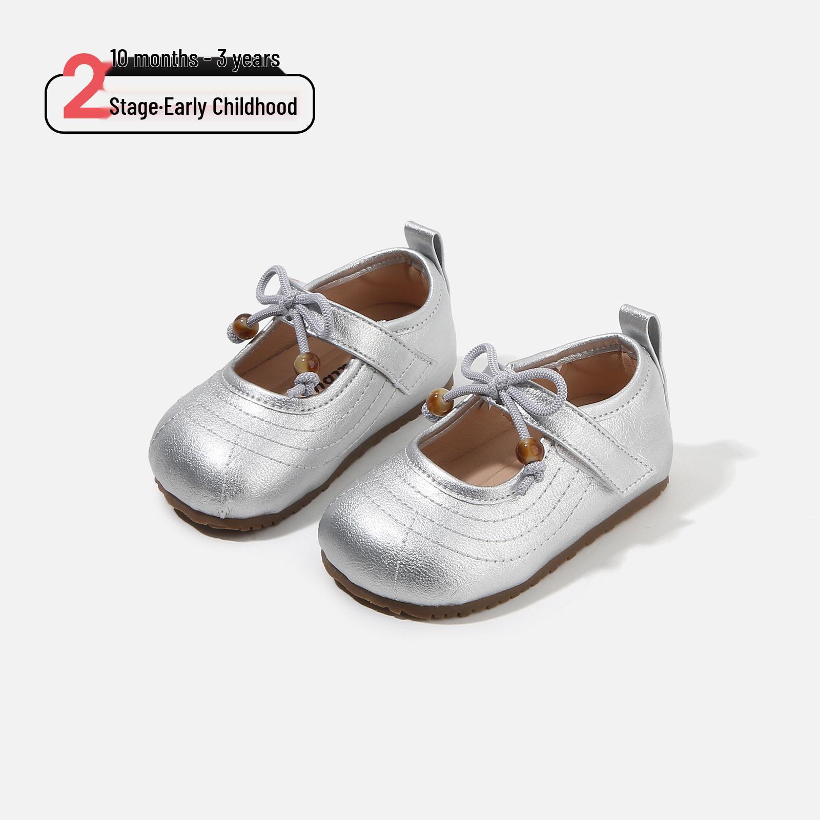 

Spring 2026 Korean Style Toddler Girls Princess Flats - Fashionable, Versatile, Soft Sole, Non-slip Leather Shoes Size 20/Insole 15.0cm срібний