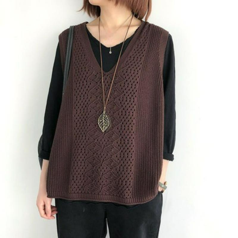 Knitted Vest Women's Vest Thin Loose Large Size Hollow Sleeveless Outer V-neck Waistcoat Retro Pullover Vest Women