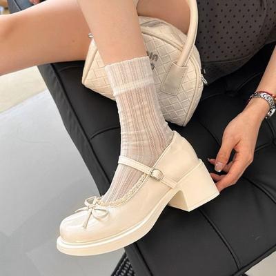 Mit Rock kleine Leder Herbst neu vielseitig leichte Mund Spitze Schleife dicker Absatz Mary Jane Schuhe Frauen