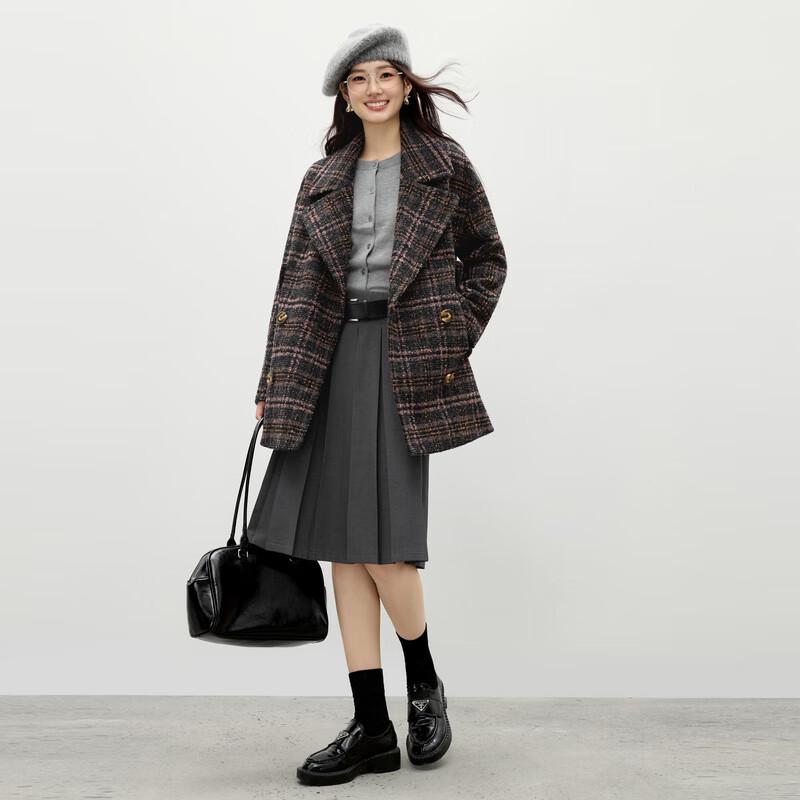Women's Retro French Lapel Plaid Wool Blend Coat
