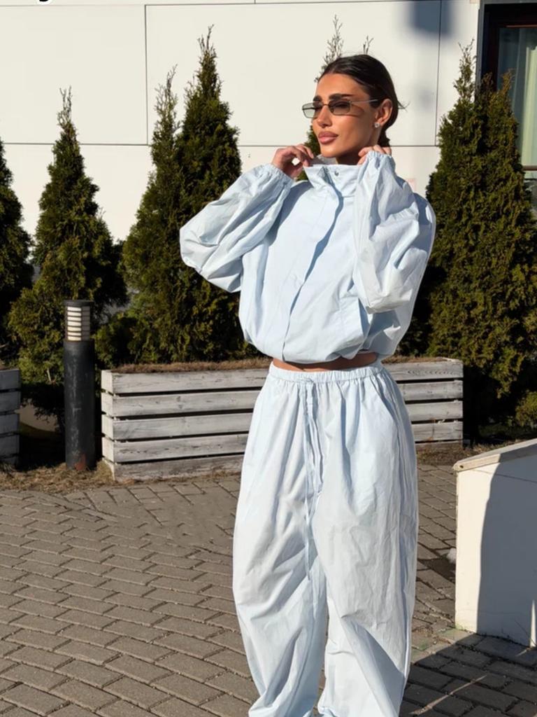 Neues lässiges Sportset für Damen, lockerer Cardigan mit Stehkragen und kurzem Reißverschluss + Hose mit weitem Bein