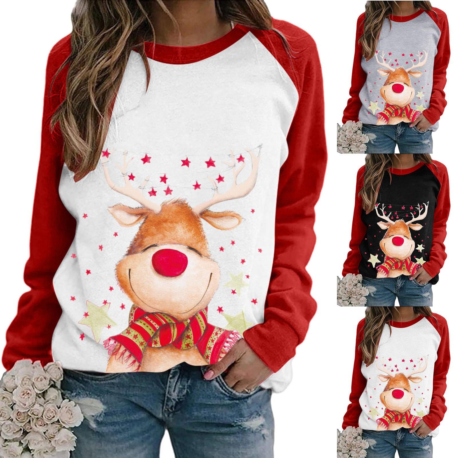 

Women s Casual Fashion Christmas Print Long Sleeve O-Neck Pullover Top XL чёрный