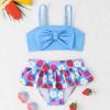 Girls Two Piece Swimsuit Set Tankini Top with Bow Detail Adjustable Straps and Ruffled Skirt Bottom Floral Print Swimwear