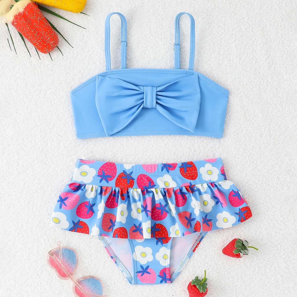 Girls Two Piece Swimsuit Set Tankini Top with Bow Detail Adjustable Straps and Ruffled Skirt Bottom Floral Print Swimwear