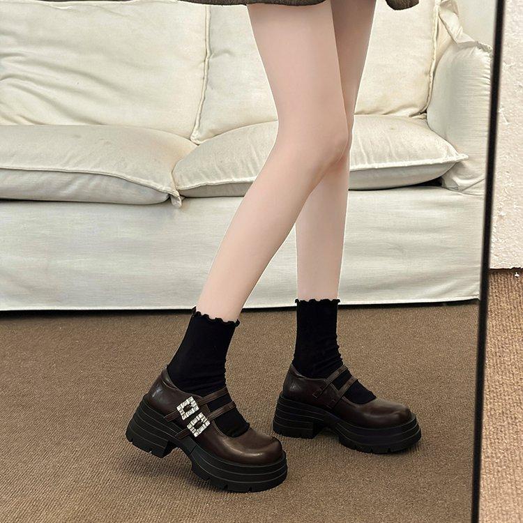 Korean version heightened 7cm small leather shoes women's 2024 spring and autumn new small thick-soled Mary Jane lace-up loafers