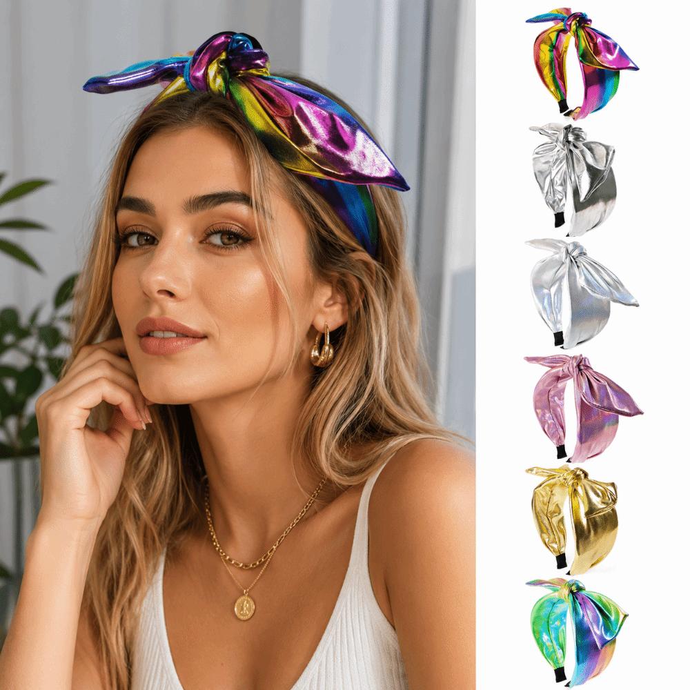 Metallic Wide Top Knot Hair Hoop Shiny Holographic Metallic Bow Headband Hair Accessory For Women