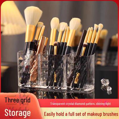PS Material Diamond Pattern Cosmetic Storage Box with Three Compartments - Transparent Makeup Pencil Holder