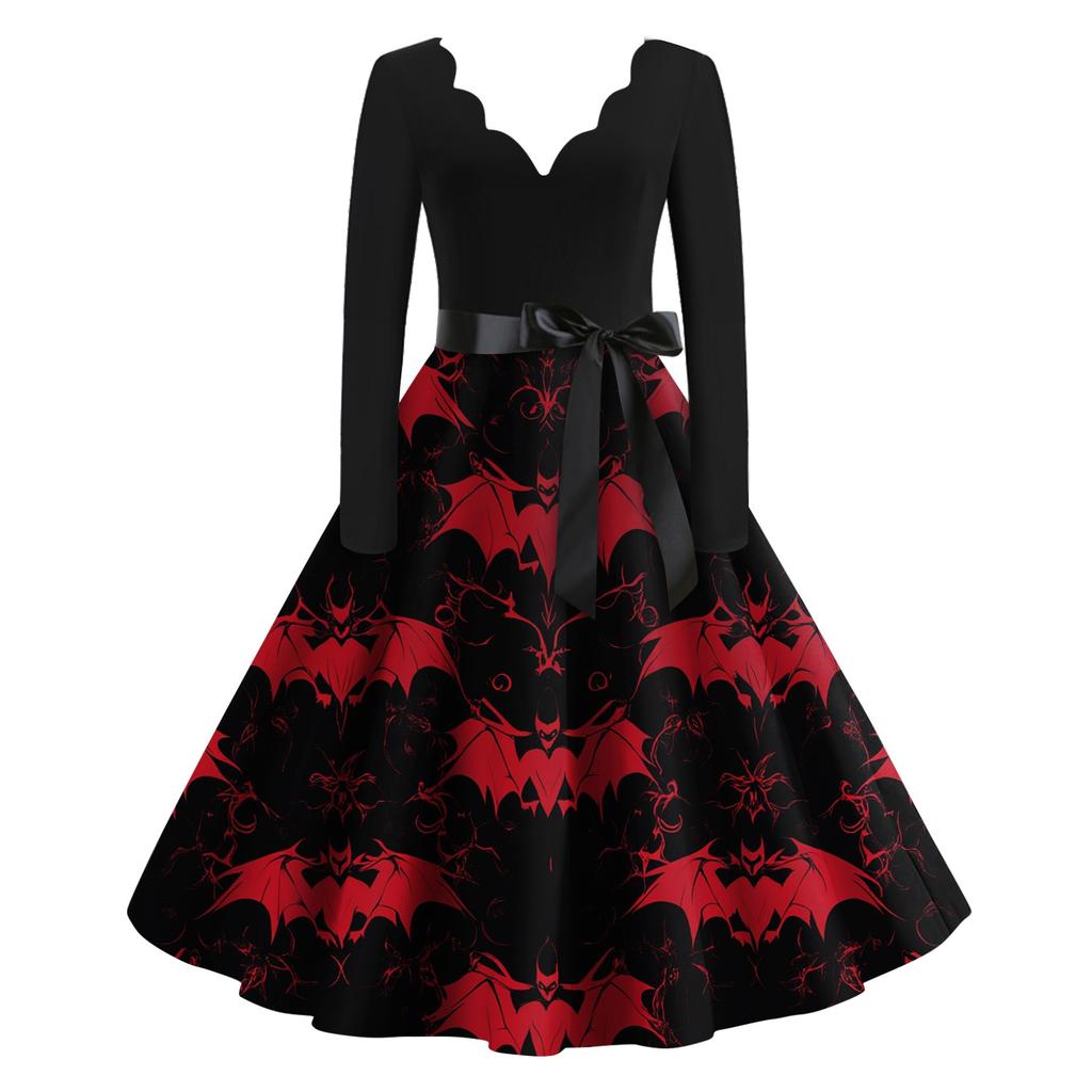 Kvinners uformelle mote Halloween trykt V-hals vintage kjole