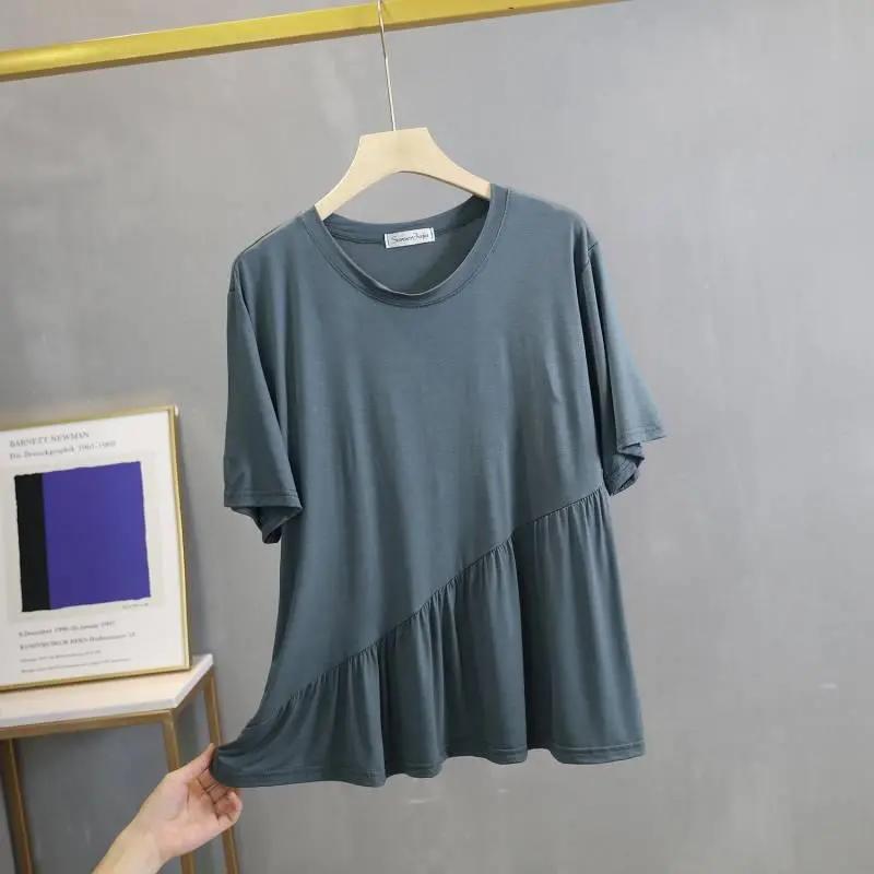 T-shirt Women Solid Color Summer Casual Large Size Loose Round Neck Pullover Short-sleeved Tops