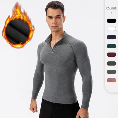 Roupas de Fitness de Lã Outono Inverno Masculinas Alta Elasticidade Compressão Esportes Corrida Treinamento Manga Longa Quente Gola Alta Moletom
