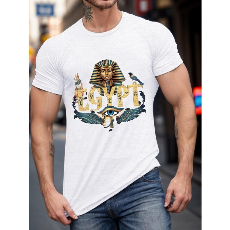 Men's T-Shirts with Pharaoh Cat and EGYPT Graphic - Tee with Geometric Pattern, Casual Summer Fabric Top for Adults
