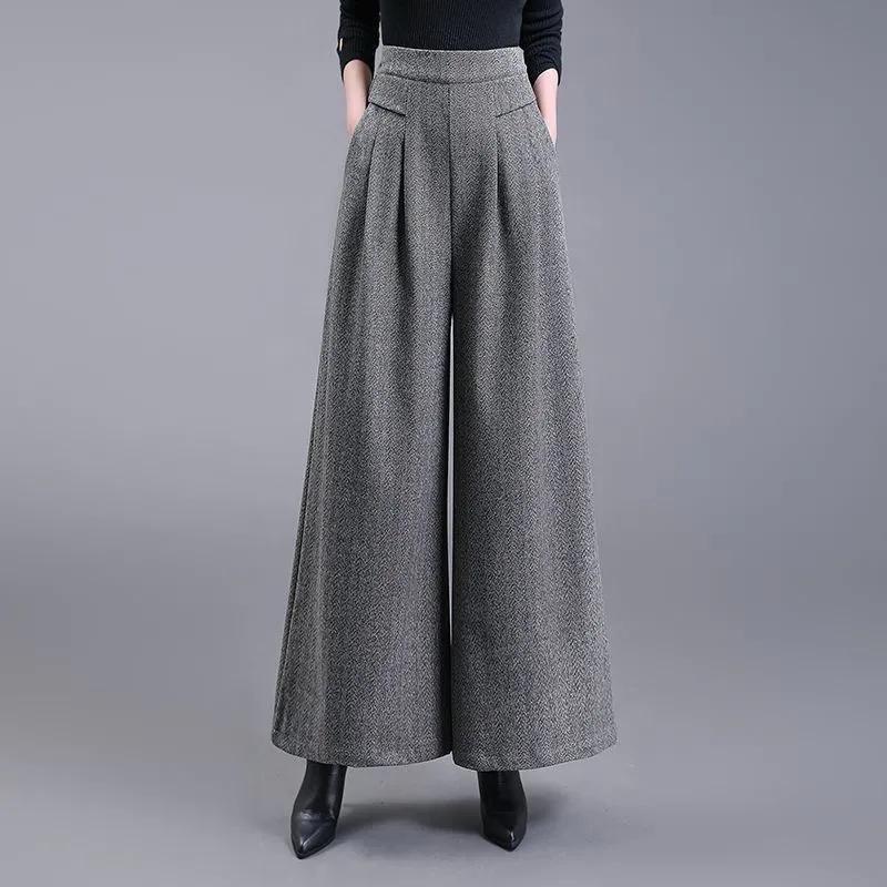 Wool Wide-Leg Pants Women's Autumn High Waist Loose Padded Pantalones Cashmere Trousers Straight Pants Female