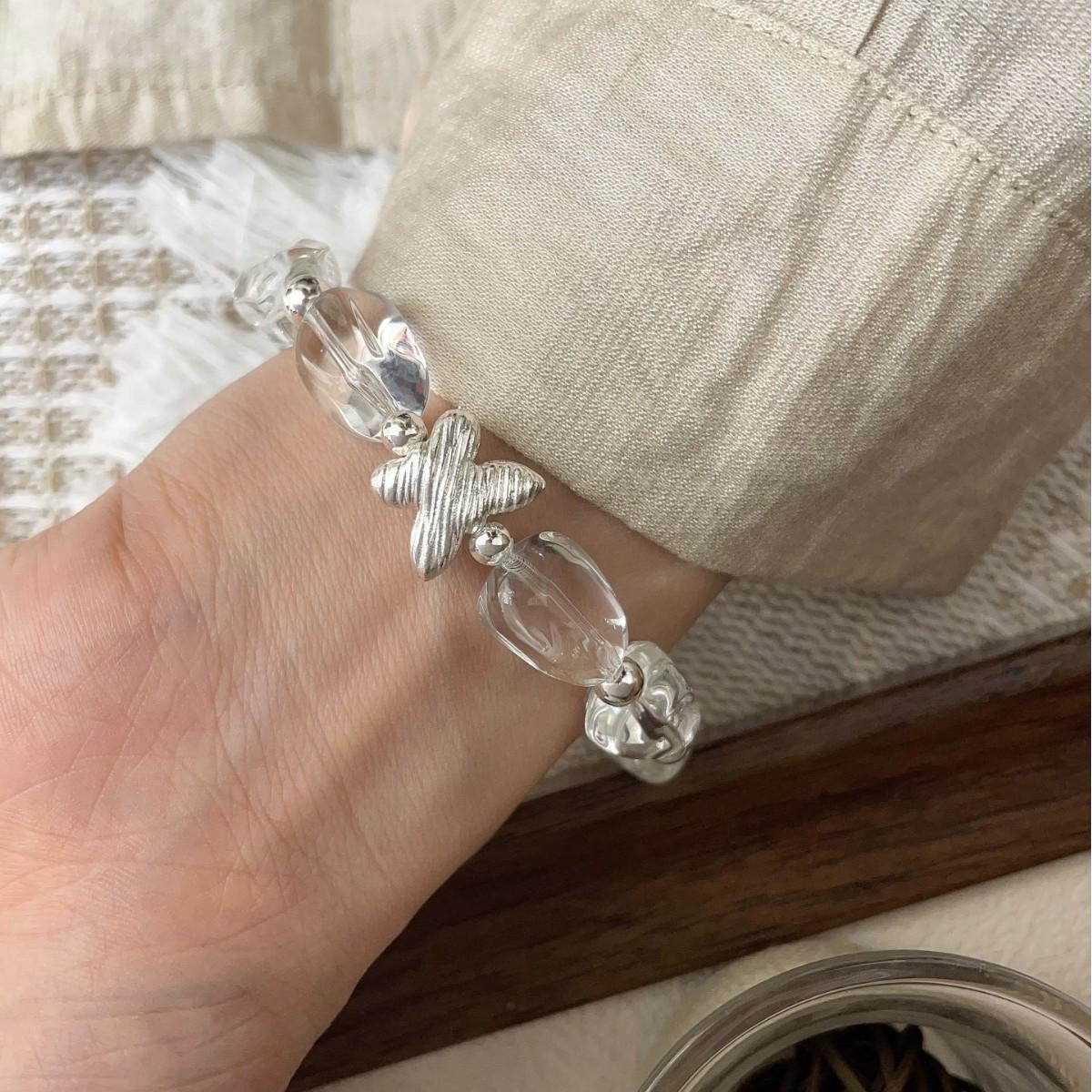 925 Sterling Silver Hand-Brushed Butterfly Crystal Bracelet - Elegant Simple Design 925 Silver