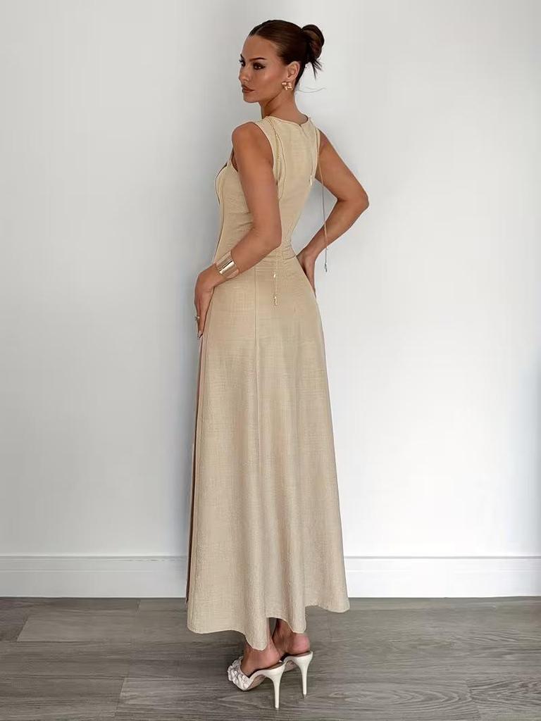 2026 Summer Women's Sleeveless Round Neck Pleated Long Dress - Elegant European and American Style