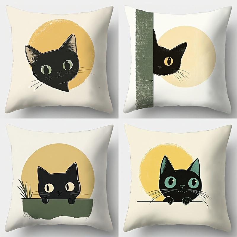 Cute Black Cat Pattern Digital Printing Pillow Cover Short Plush Suitable Living Rooms Bedrooms Sofas Throw Cushion Cover 4Pcs