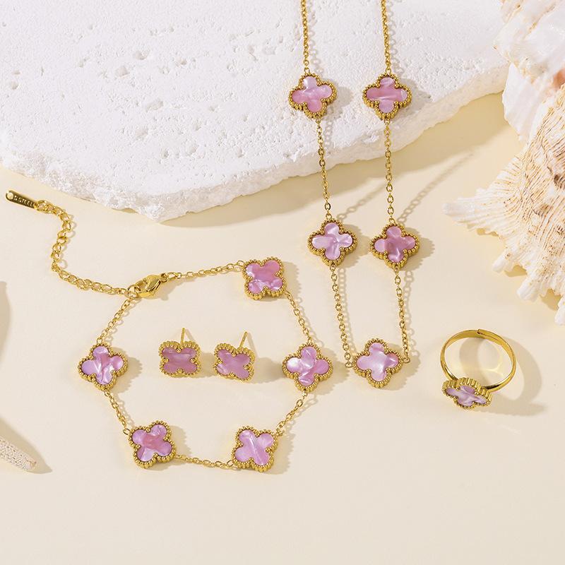 4pcs Four-Leaf Clover Four-Piece Set Including Necklace, Bracelet, Earrings and Ring, Versatile Lucky Five-Petal Fashion Jewelry