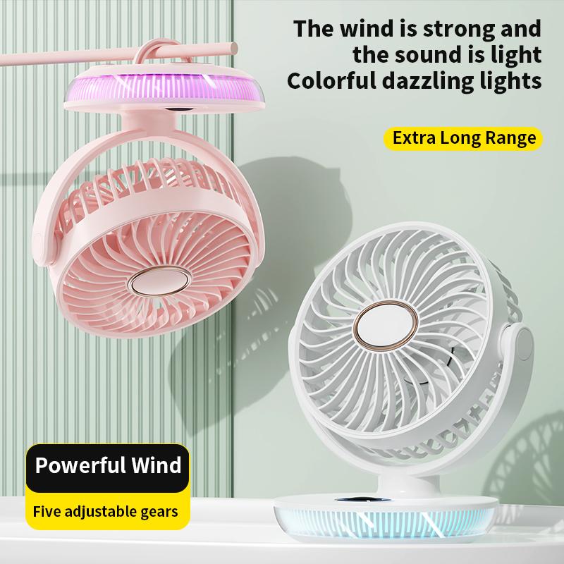 New Protable Mini Fan Rechargeable LED Digital Screen Fan Wall Mounted Fan with 8H Timing 180° Adjustable 7 Colorful Lights