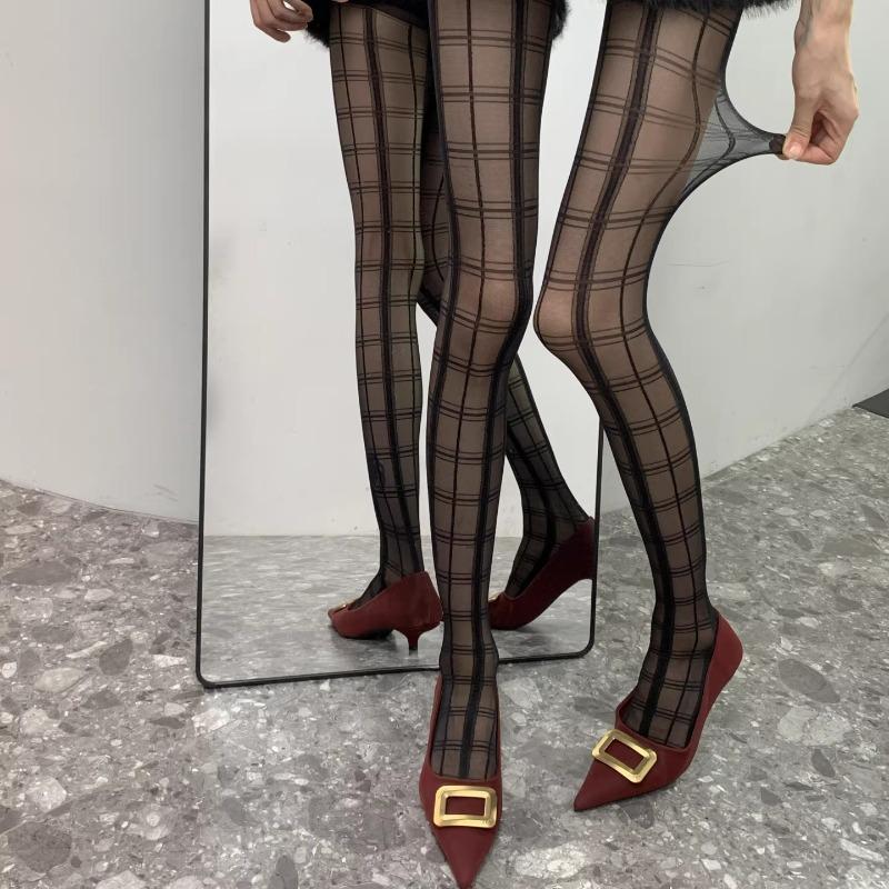 Black White Plaid Pattern Tights Pantyhose Thigh High Stockings Women Sexy Lingerie Y2k Slim Stockings JK Girls Tights Socks