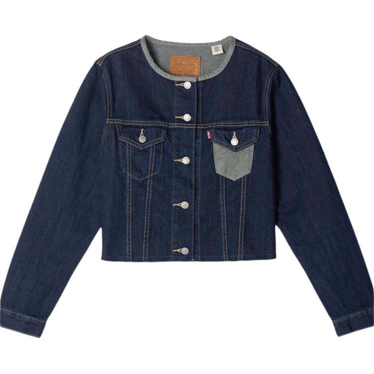Levis Comfortable Minimalist Color Block Short Denim Jacket With Single Button And Round Neck Long Sleeves Women jackets 0052H-0001