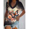 3D Printed Short Sleeve Butterfly Floral Print Women's V-Neck T-Shirt Summer Loose Women's Casual Short Sleeve Top