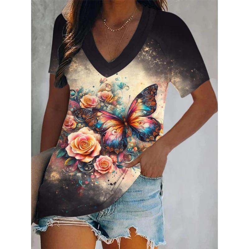3D Printed Short Sleeve Butterfly Floral Print Women's V-Neck T-Shirt Summer Loose Women's Casual Short Sleeve Top