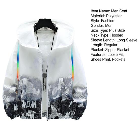 Men Sun Protection Clothing Hooded Long Sleeve Pockets Sunscreen Jacket Zipper Placket Shoes Print Quick Drying Windbreaker