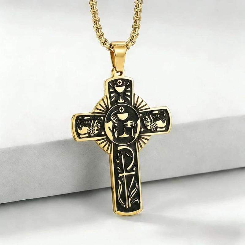 Personalized Stainless Steel Mens Womens Cross Necklace Vintage Religious Holy Spirit Eucharist Halo Grape Juice Cup Cross Penda