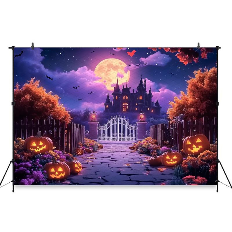 Mocsicka Halloween Photography Background Purple Sky Castle Bat Autumn Leaf Pumpkin Party Decorations Baby Photo Backdrop Banner