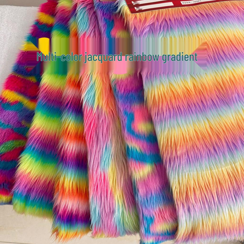 Gradient Five-Color Jacquard Faux Fur Tencel Fabric with Flocked Long Pile and Perforated Grid Design