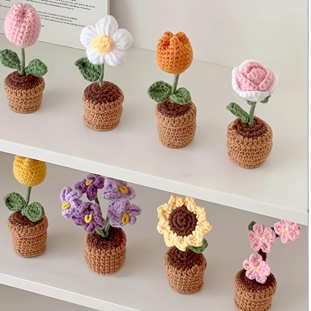 Simulated Flower Hand Woven Small Potted Plant Tulip Sunflower Hook Weaving Desktop Decoration Simulated Flower Ornament Gift