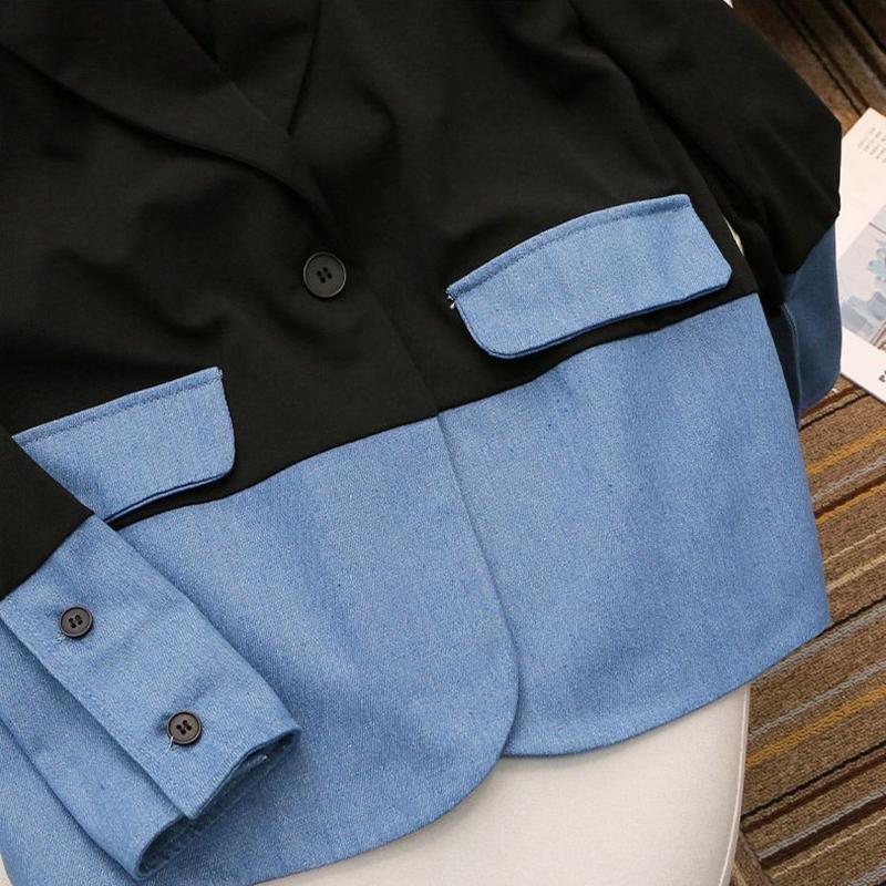 Cowboy Splicing Blazer Women Casual Loose Patchwork Denim Large Size Coat Polo Collar Long Sleeved Jacket New Fashion  Autumn
