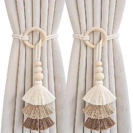 2pcs Wooden Bead Curtain Tiebacks,Bohemian Curtain Clasp,Tassel Curtain Clasp, Curtain Tiebacks No Hole Punching Decorative for Bedroom Window