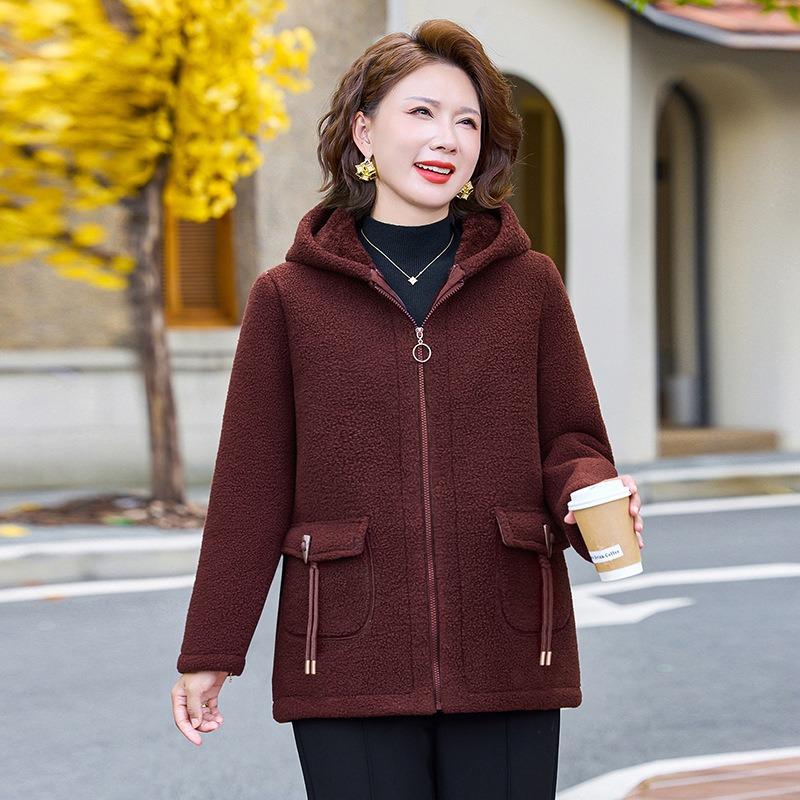 Winter New Middle-aged and Old Velvet Warm Cotton-padded Clothes, Thickened Granular Hooded Cotton-padded Jackets, Women's Jackets