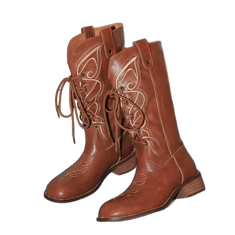 Cowhide version~ Retro embroidered bow-tie western cowboy boots women's V-buckle versatile and thin thick heel fashion boots