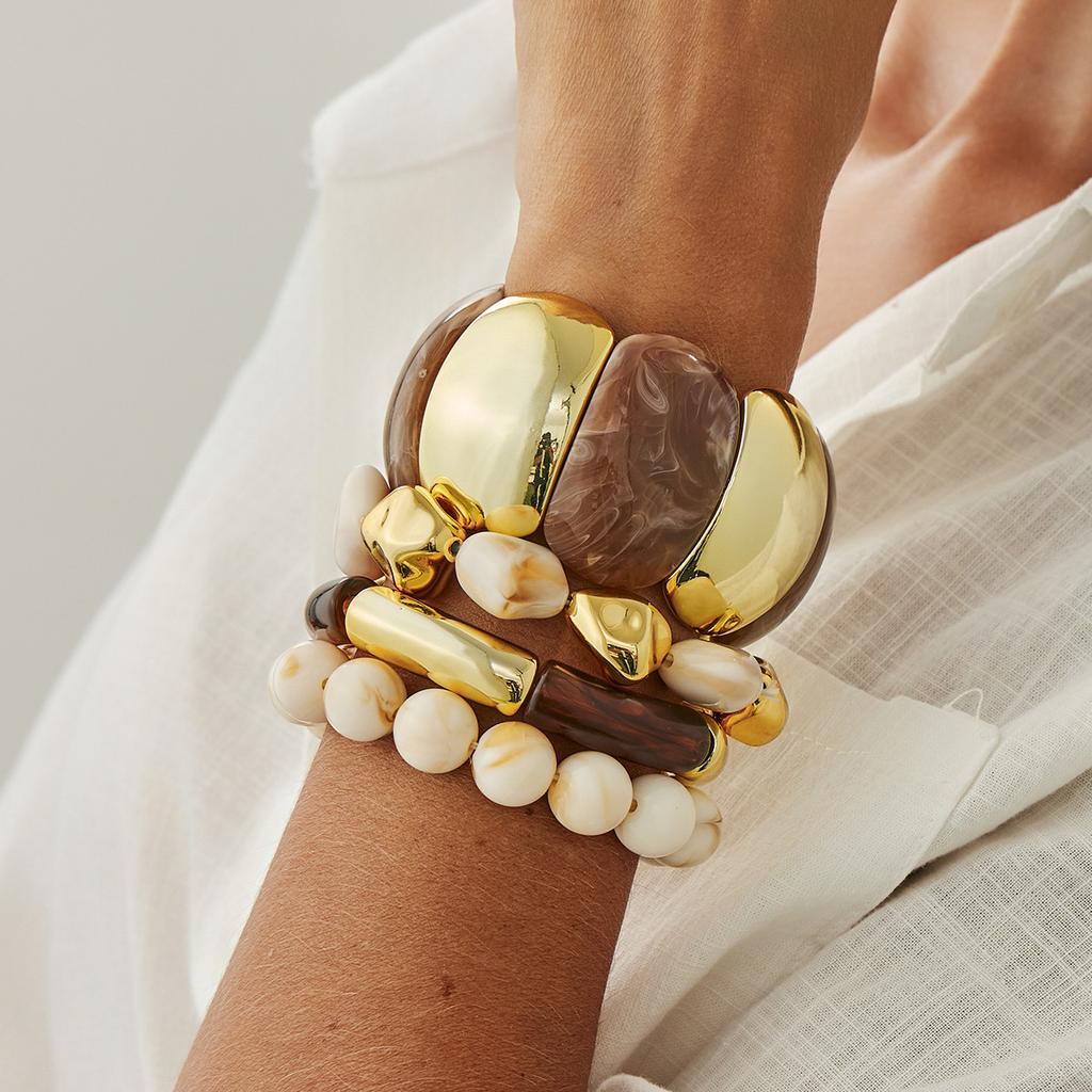 Maillard Smudged Acrylic Arc Splicing Bracelet, Light Luxury Resin Round Bead Elastic Bracelet.