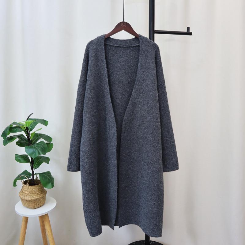 Autumn and Winter New Medium and Long Knitted Cardigan Women's Solid Color Loose Lazy Style Versatile Sweater Jacket