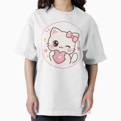 Cute Kawaii Kitty Sticker Oversized T-Shirt